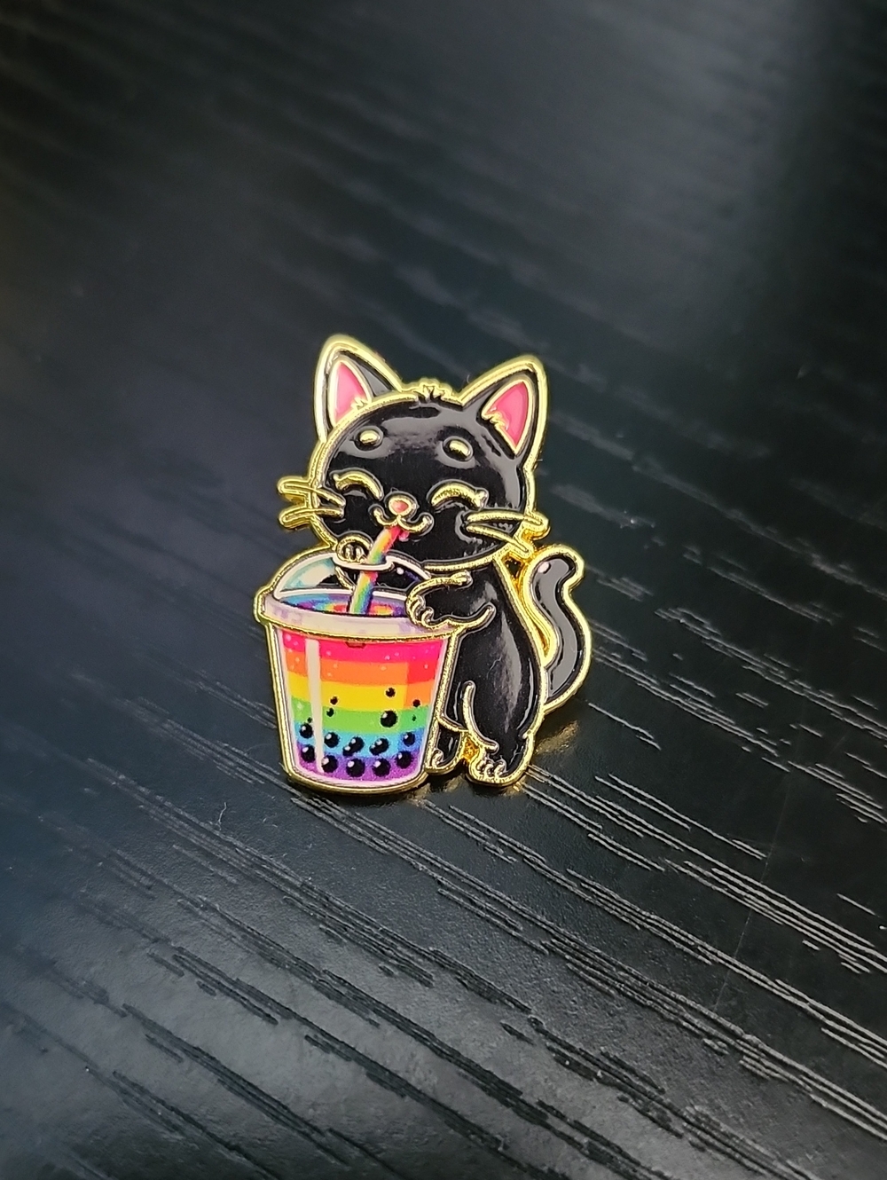Black Cat Enamel Pin with Rainbow Boba Cup